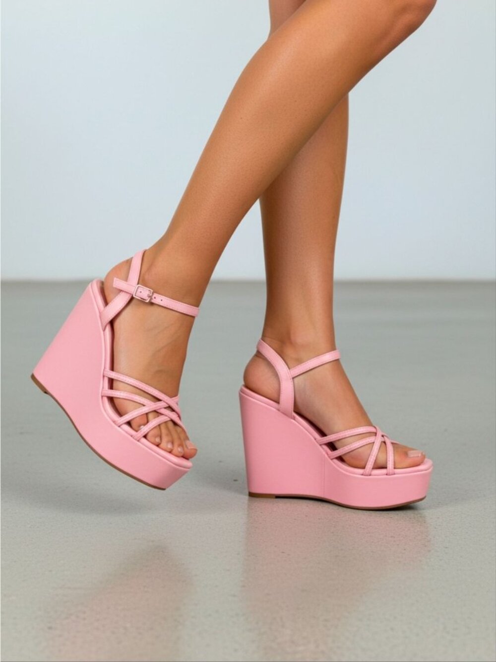 Pink Strappy Platform Wedge Sandals With Adjustable Ankle Strap For Women